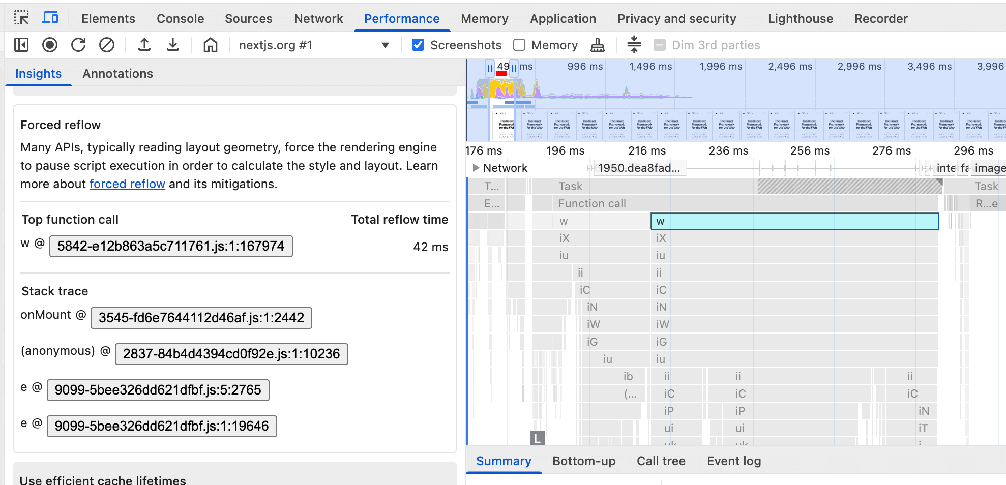 DevTools hiển thị thông tin chi tiết về luồng dữ liệu buộc lại, xác định một hàm có tên là "w" đang gây ra luồng dữ liệu buộc lại.