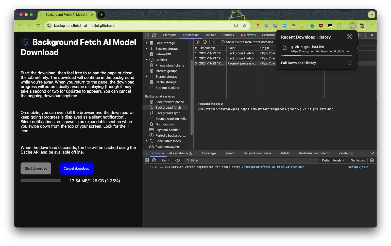 Bảng điều khiển Ứng dụng của Công cụ cho nhà phát triển của Chrome mở ra để tải Background Fetch xuống.