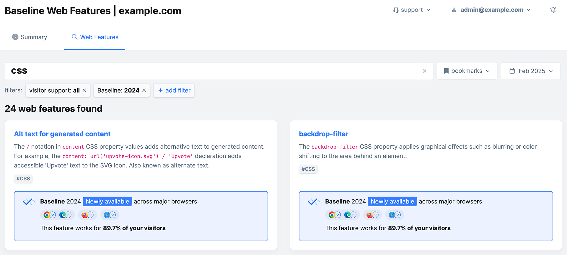 La implementación de Baseline de RUMvision puede mostrar compatibilidad con funciones web en el panel de productos, lo que permite a los usuarios buscar datos de compatibilidad reales para funciones web discretas o por conjuntos de funciones de Baseline.