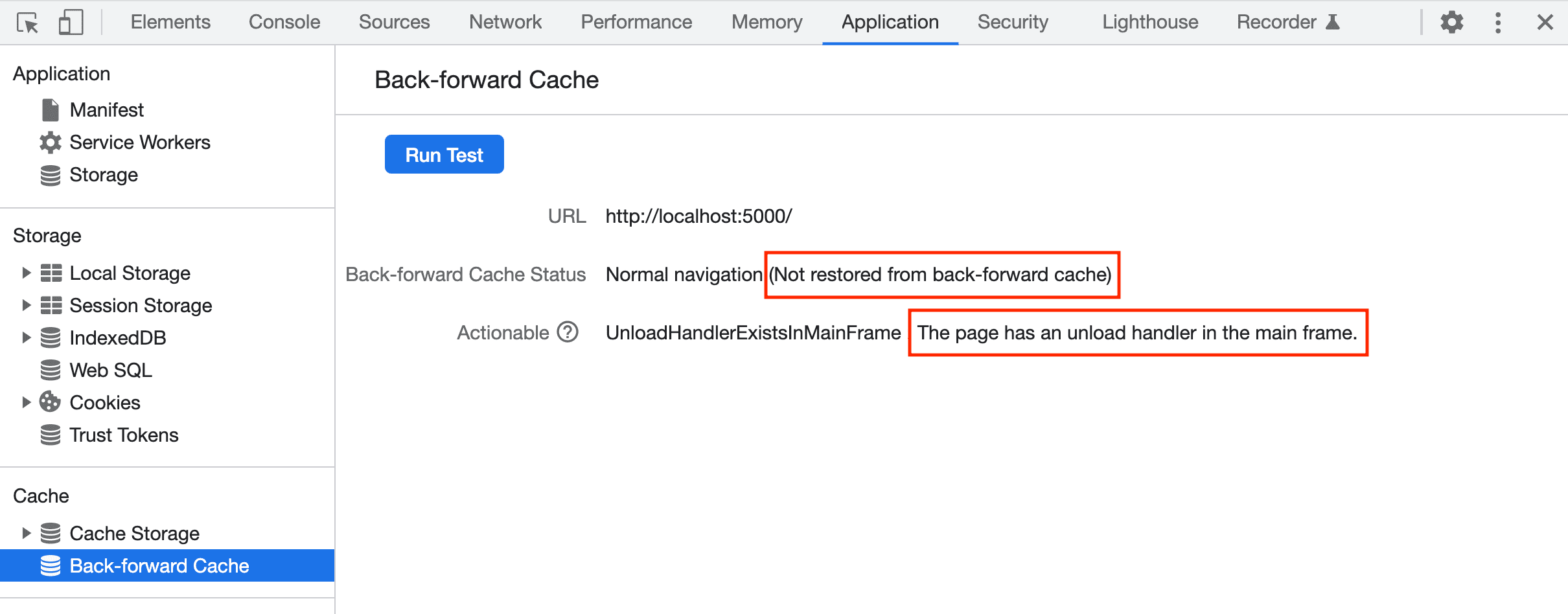 O DevTools relata a falha ao restaurar uma página do bfcache