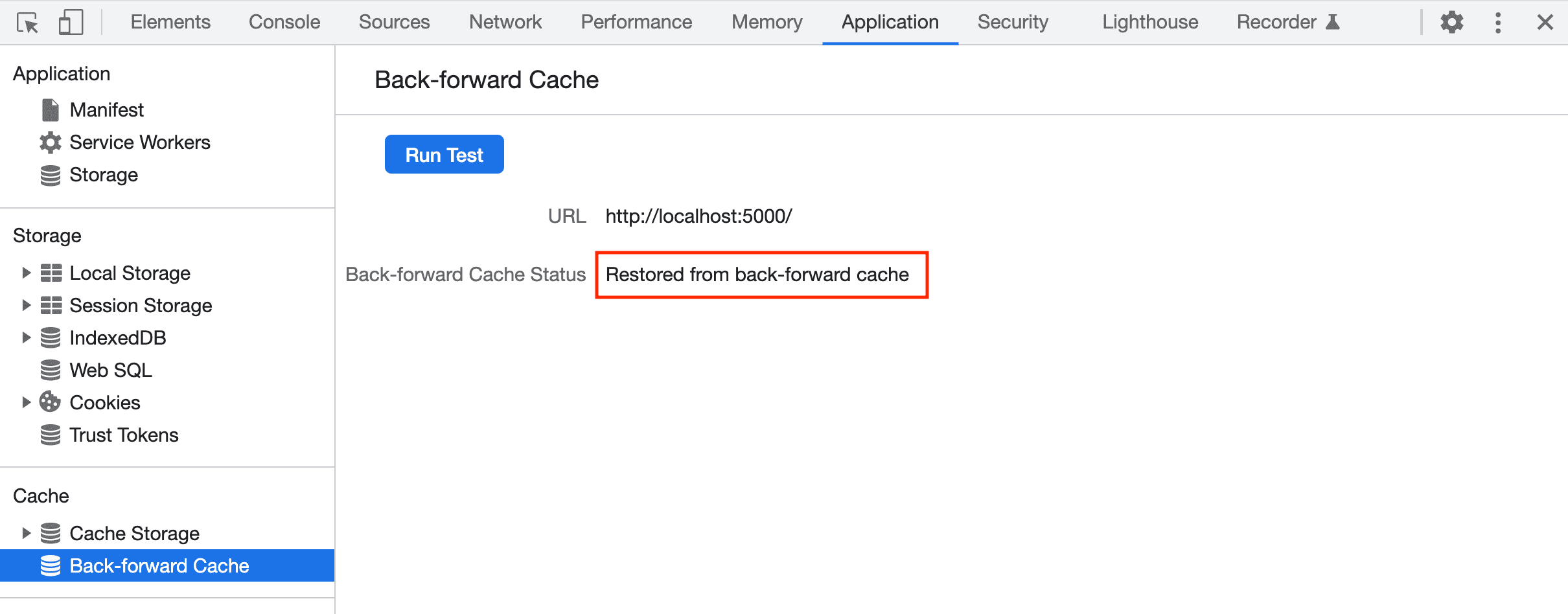 DevTools melaporkan halaman berhasil dipulihkan dari bfcache