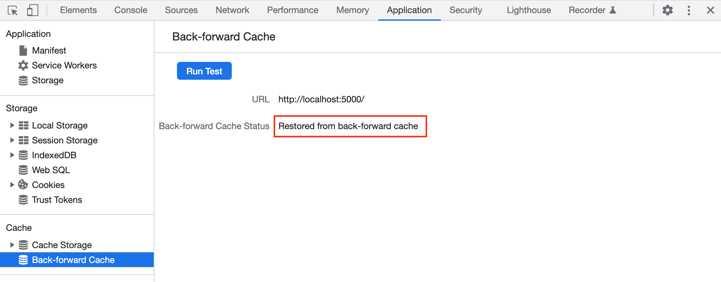 أدوات مطوّري البرامج تُبلغ عن استعادة صفحة بنجاح من ذاكرة التخزين المؤقت للخلف والأمام