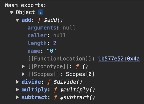 DevTools Console screenshot of the WebAssembly module exports showing four functions: add, divide, multiply, and subtract (but not the not exposed dead code).