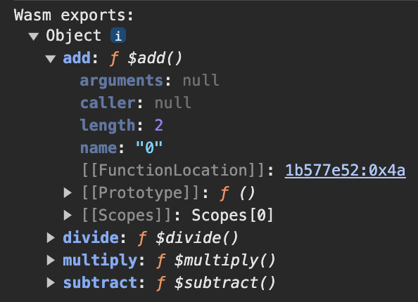 Captura de tela do Console do DevTools das exportações do módulo do WebAssembly mostrando quatro funções: adicionar, dividir, multiplicar e subtrair (mas não o código inativo não exposto).