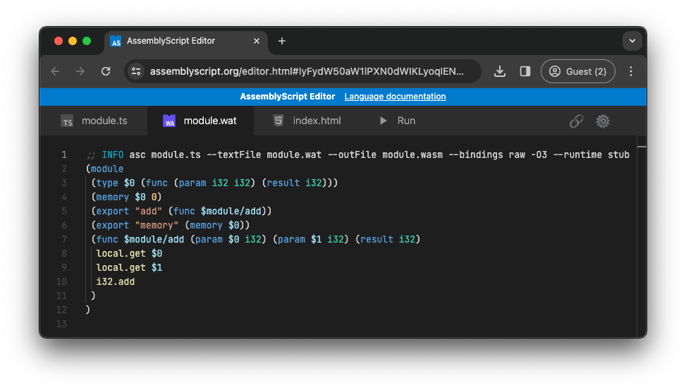 สนามเด็กเล่น AssemblyScript ที่แสดงโค้ด WebAssembly ที่สร้างขึ้นตามตัวอย่างก่อนหน้านี้