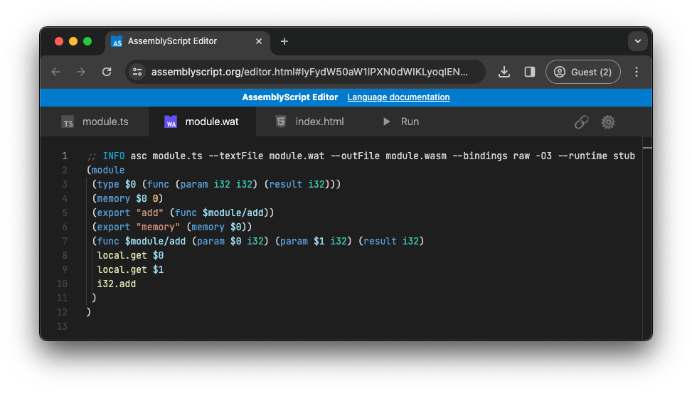 Playground AssemblyScript menampilkan kode WebAssembly yang dihasilkan berdasarkan contoh sebelumnya.