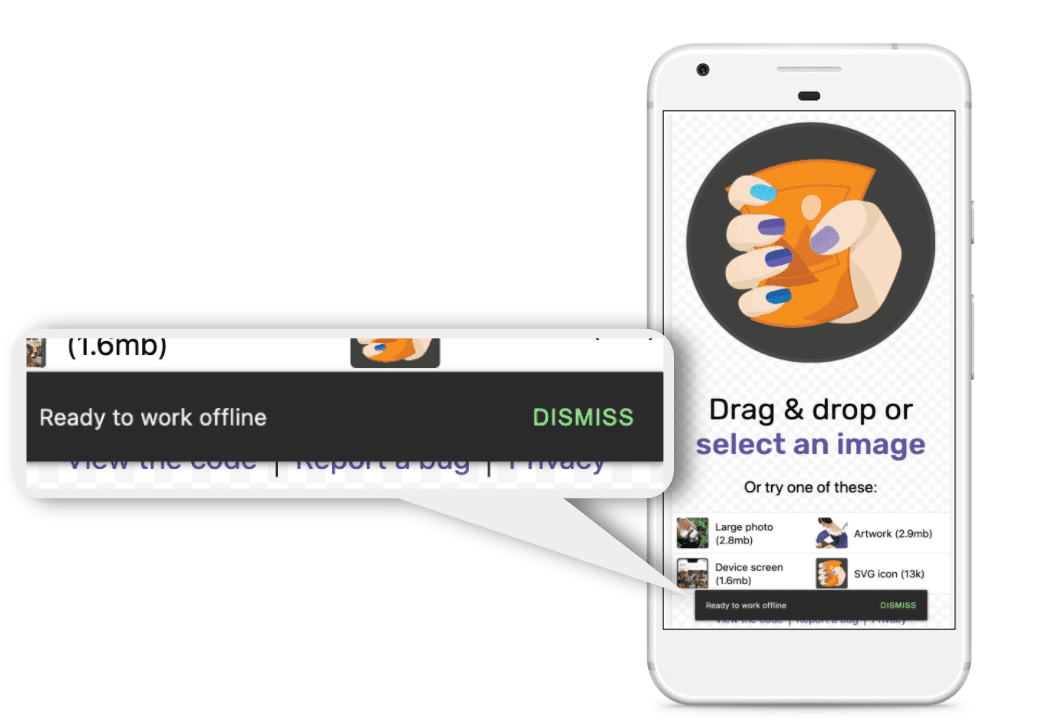 Screenshot fungsi 'Siap bekerja secara offline' webapp Squoosh.