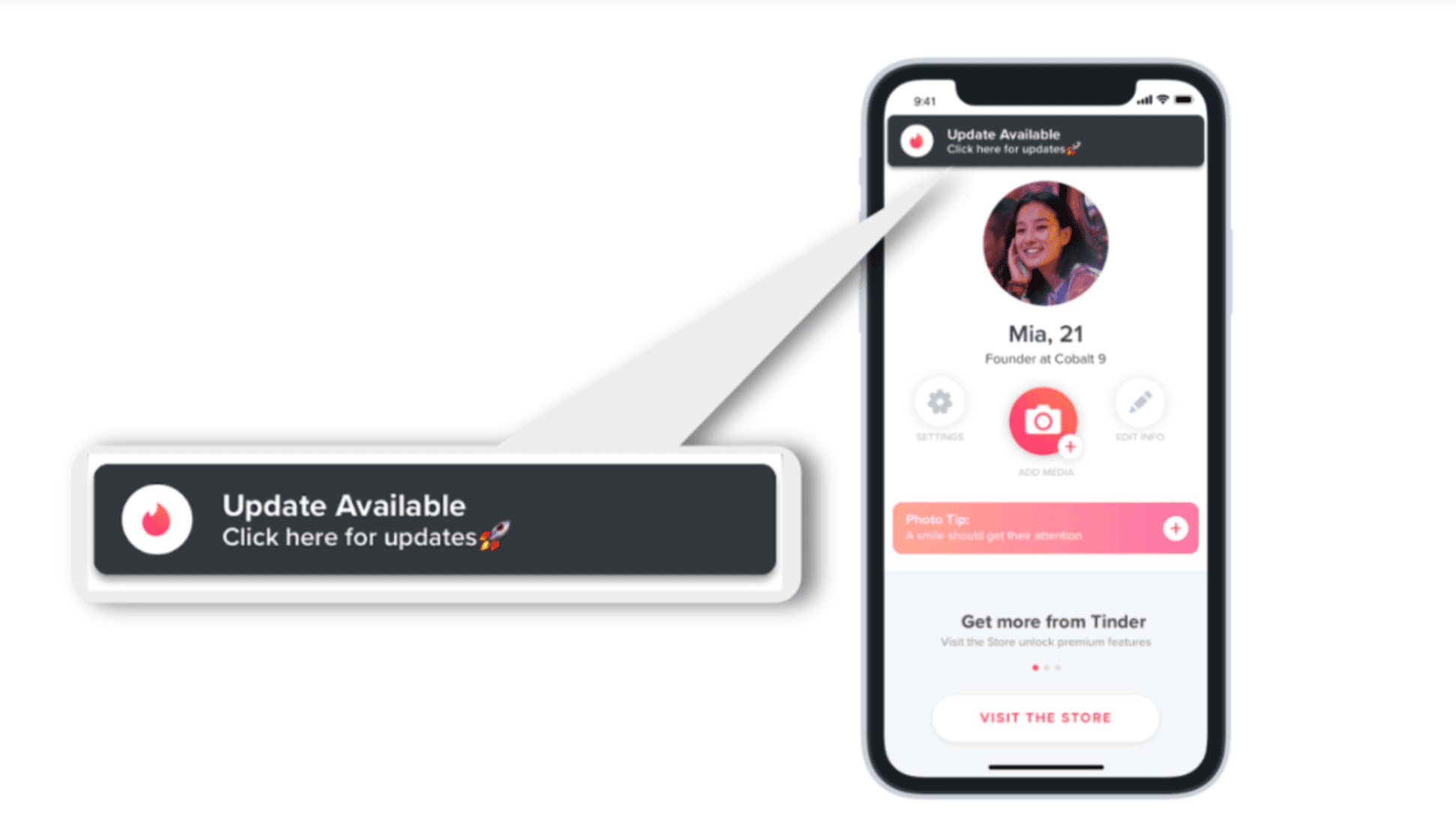 Tinder のウェブアプリ「Update Available」のスクリーンショット説明します。