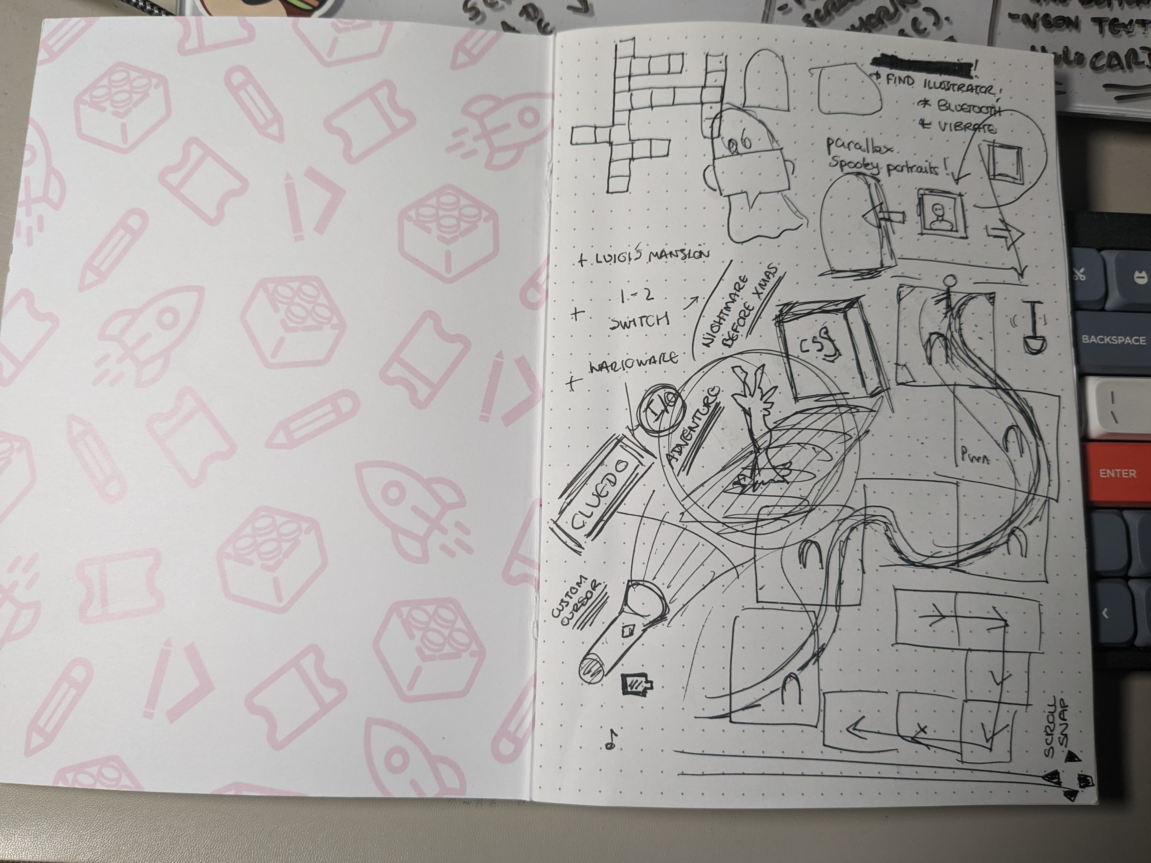 Um caderno está em uma mesa com vários doodles e rabiscos relacionados ao projeto.