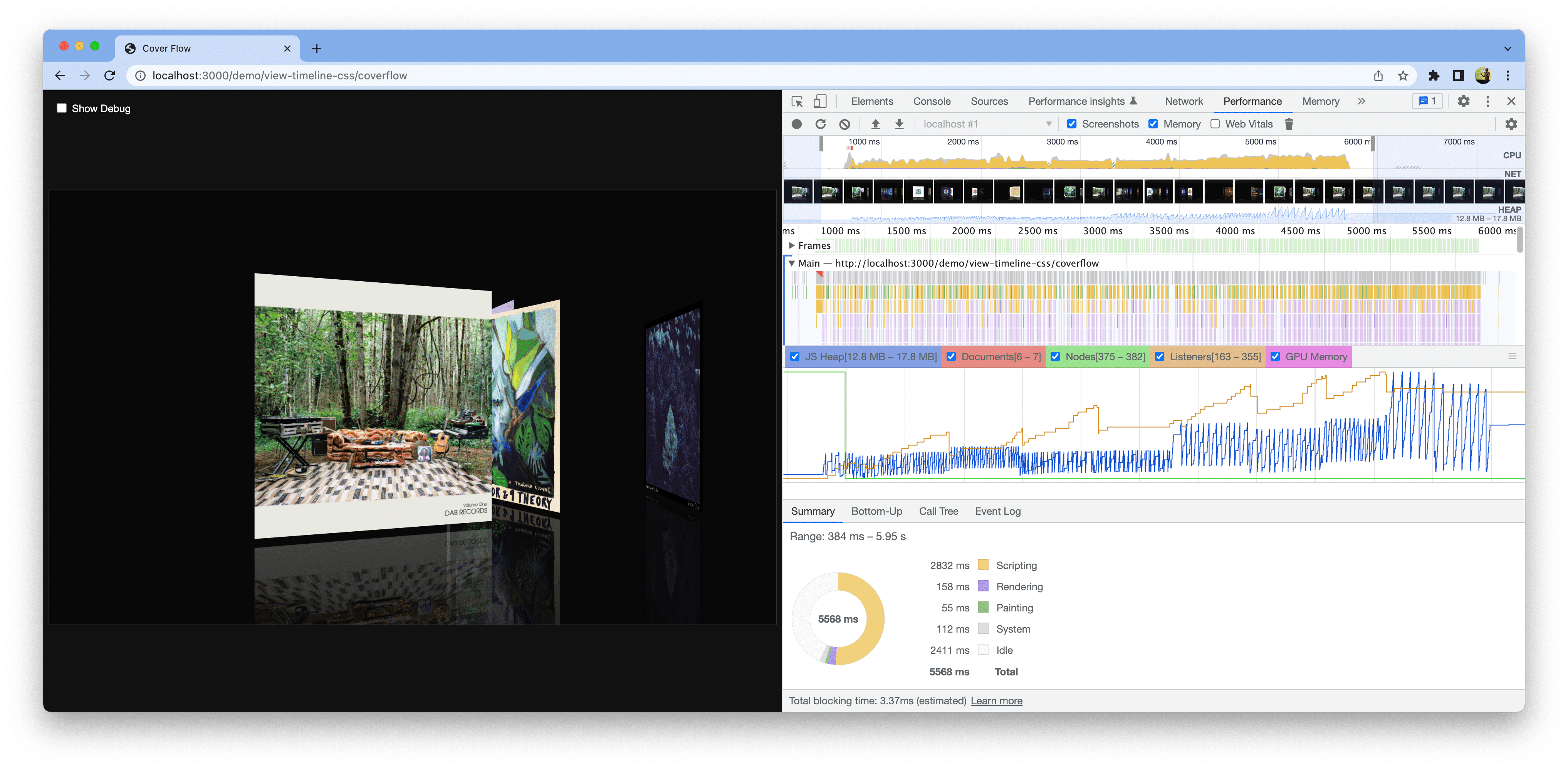 Capture d&#39;écran d&#39;une démo ouverte dans Chrome. Les outils pour les développeurs sont ouverts et affichent une mesure des performances de référence.