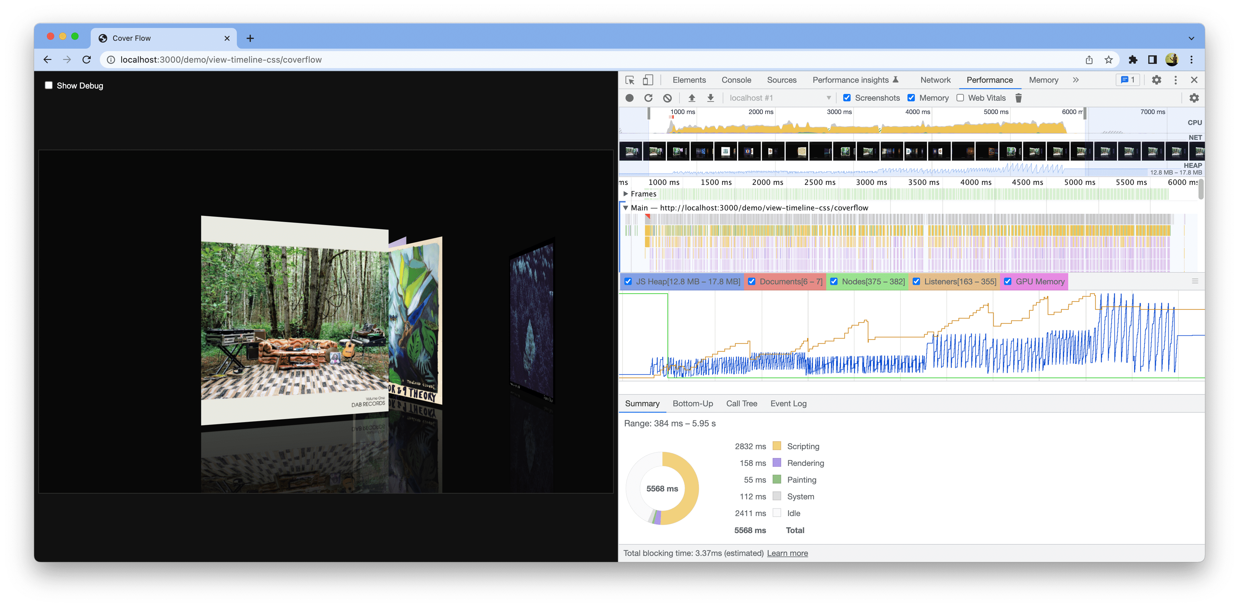 Captura de tela de uma demonstração aberta no Chrome. As Ferramentas para desenvolvedores estão abertas e mostram uma medição de desempenho de linha de base.