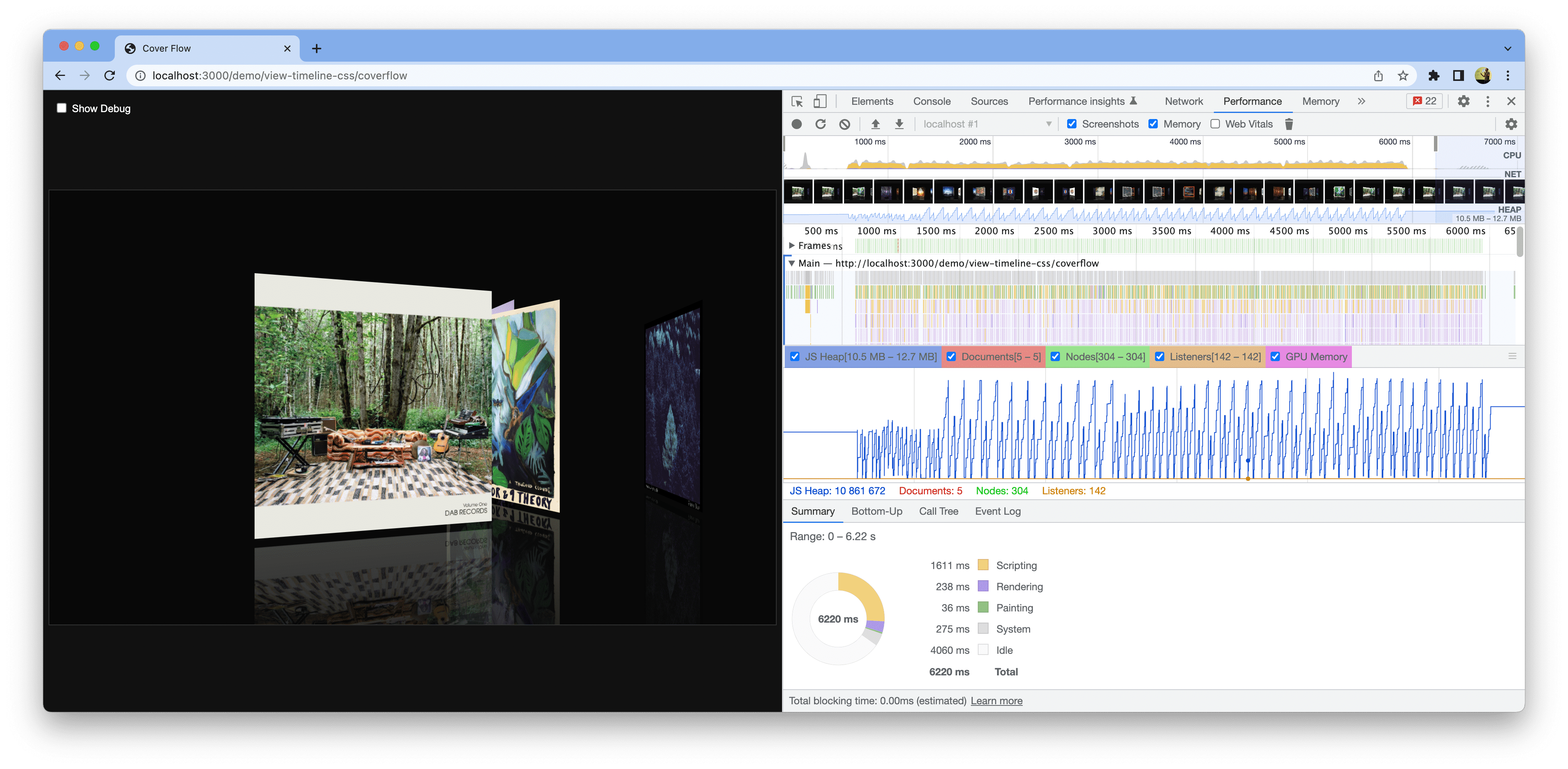 Screenshot demo yang terbuka di Chrome. Alat Developer terbuka dan menampilkan pengukuran performa yang lebih baik.