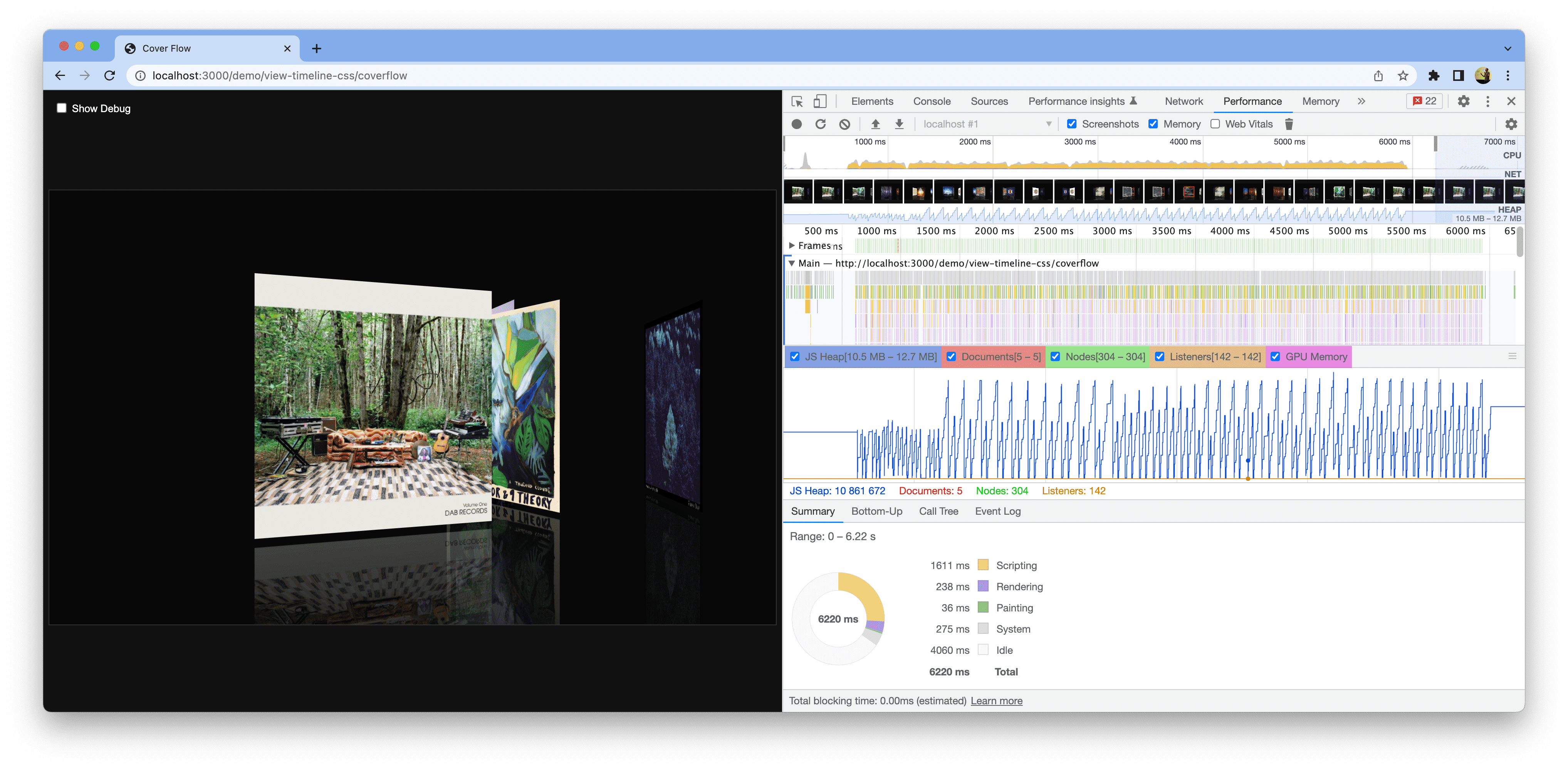 Captura de pantalla de una demostración abierta en Chrome. Las Herramientas para desarrolladores son abiertas y muestran una medición del rendimiento mejorada.