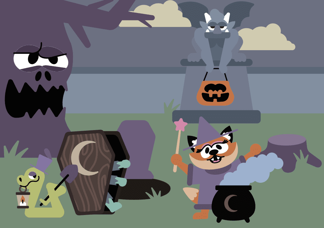 One of the composition scenes featuring a snake, a coffin with arms coming out, a fox with a wand at a cauldron, a tree with a spooky face, and a gargoyle holding a pumpkin lantern.