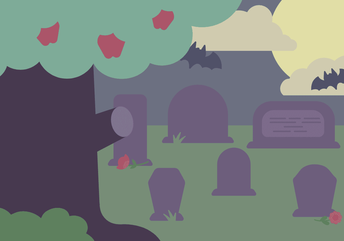 Page spread illustration from the book which features an apple tree in a graveyard. The graveyard has multiple headstones and there is a bat in the sky in front of a large moon.