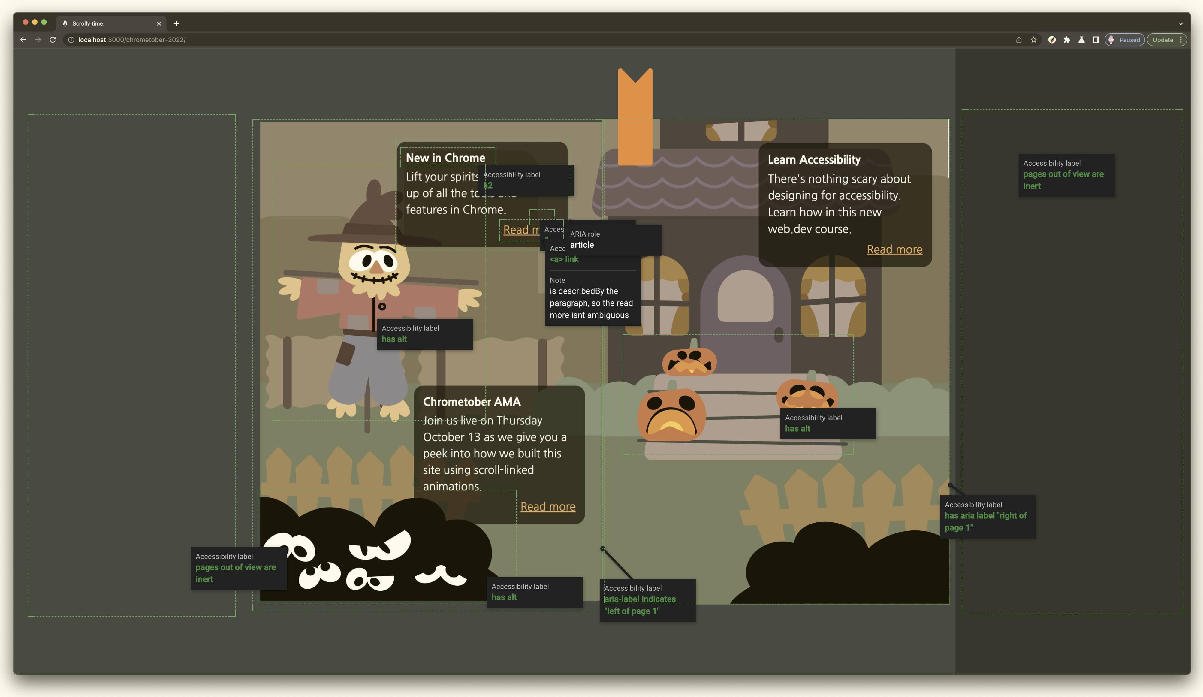 開啟 Chrometober 書籍的螢幕截圖。在 UI 的各個層面周圍提供綠色輪廓框,說明頁面提供的預期無障礙功能和使用者體驗結果。例如,圖片有替代文字。另一個例子是無障礙標籤,用來宣告視窗外的網頁為靜態網頁。請參閱螢幕截圖,瞭解更多資訊。