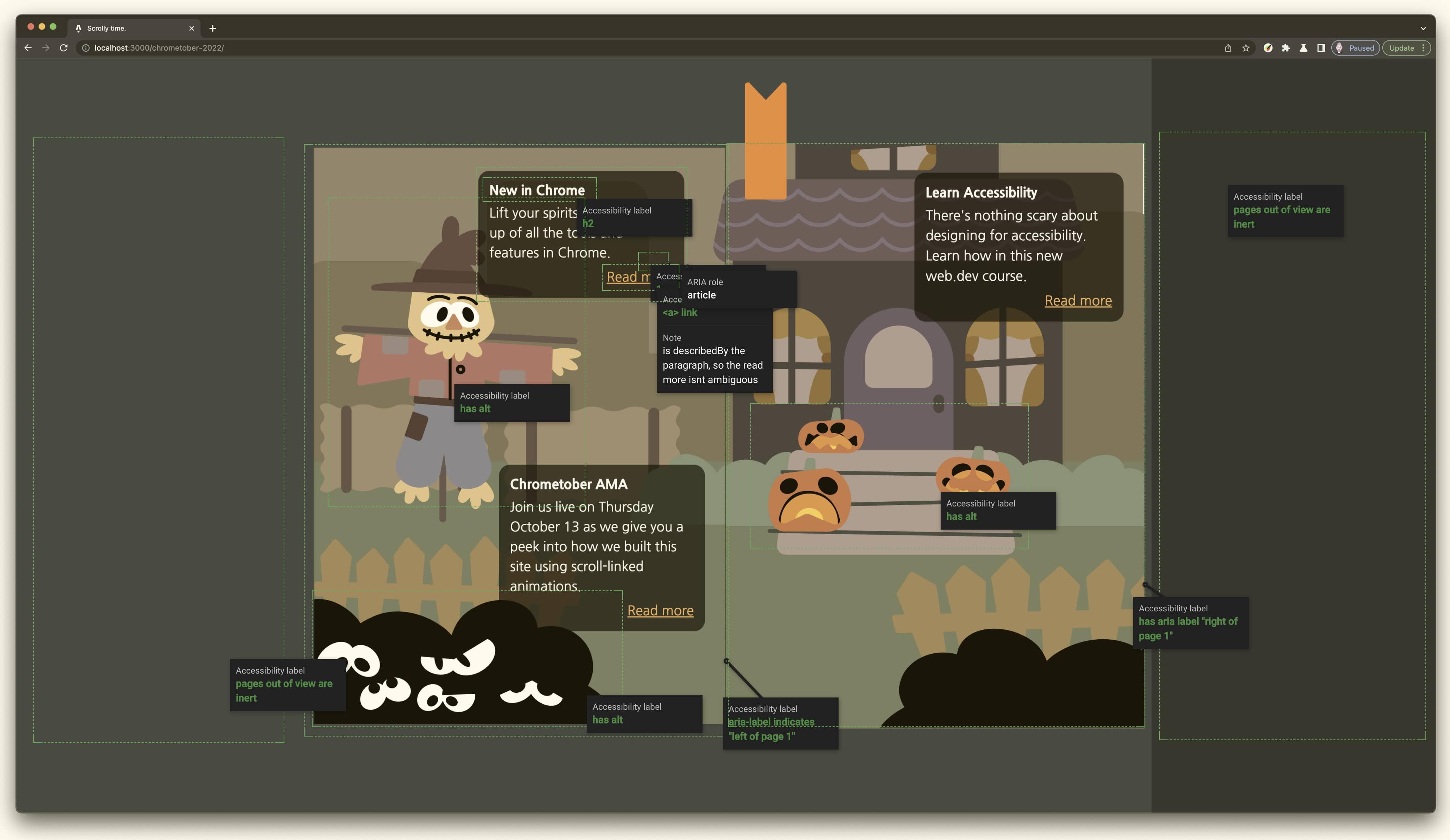 Chrometober の書籍が開いているスクリーンショット。UI のさまざまな要素の周囲に緑色の枠線が引かれており、意図するユーザー補助機能と、そのページで実現するユーザー エクスペリエンスの結果が説明されています。たとえば、画像に代替テキストが設定されているとします。もう 1 つの例として、表示範囲外のページが不活性であることを宣言するユーザー補助ラベルが挙げられます。詳細はスクリーンショットをご覧ください。