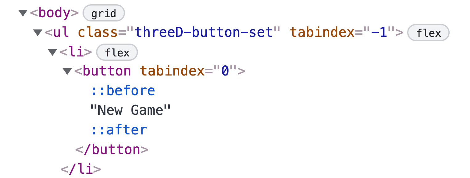 Zrzut ekranu panelu Elementy w Narzędziach dla programistów w Chrome z przyciskiem zawierającym elementy ::before i ::after.