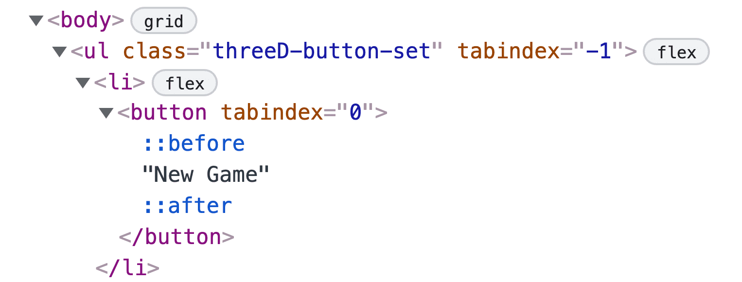 Chrome 開發人員工具元素面板的螢幕截圖，其中的按鈕有 ::before 和 ::after 元素。