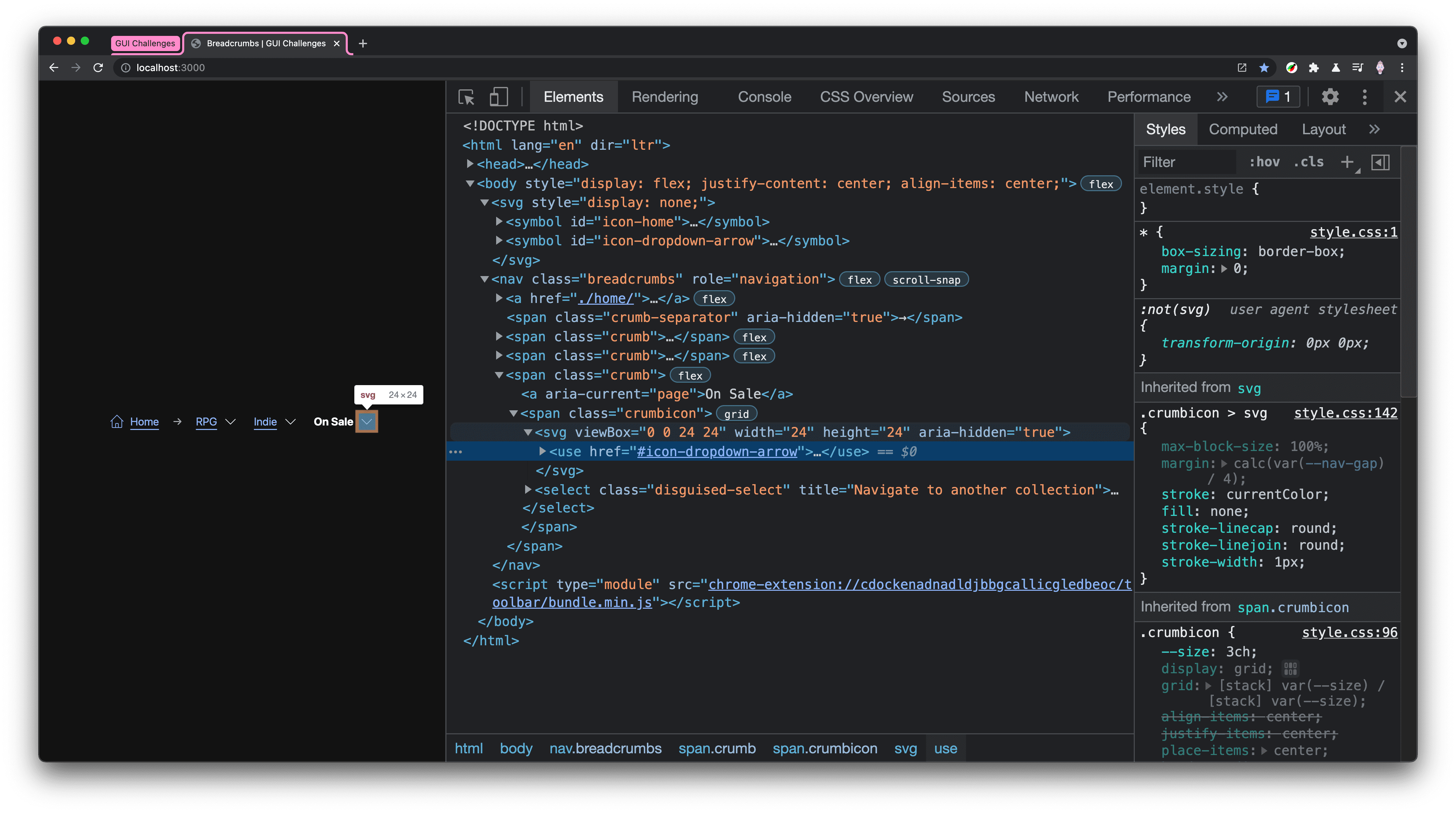 DevTools affichant un élément d'utilisation SVG affiché