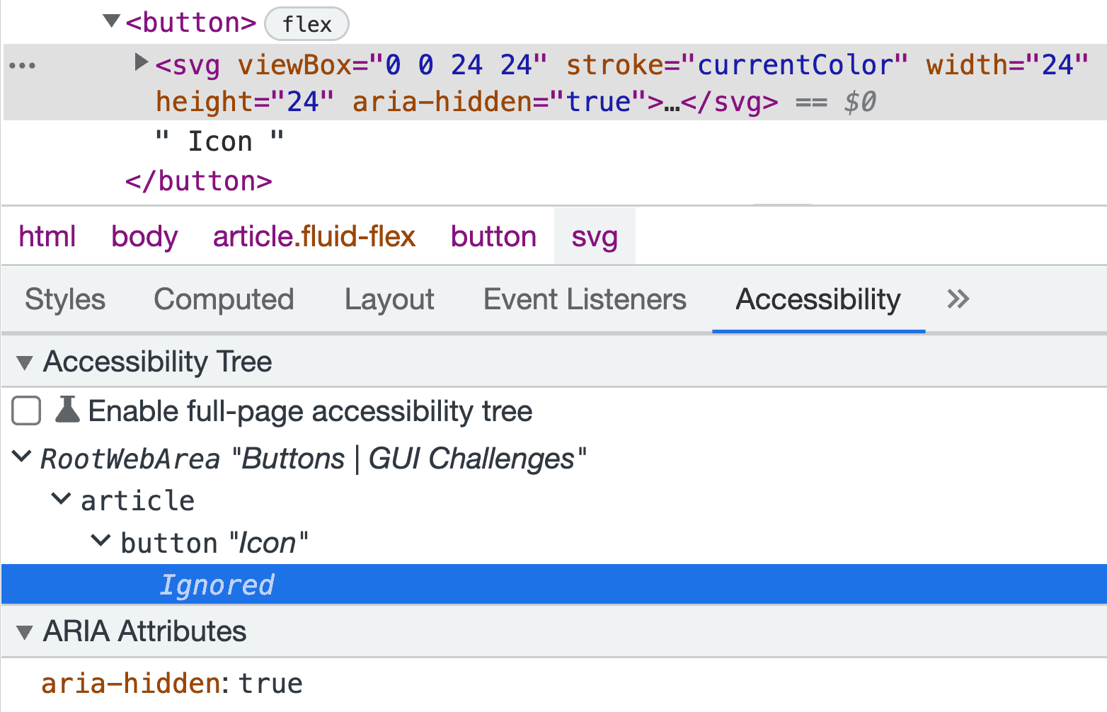 Chrome DevTools mostrando a árvore de acessibilidade do botão. A árvore ignora a imagem do botão porque o atributo aria-hidden está definido como &quot;true&quot;.