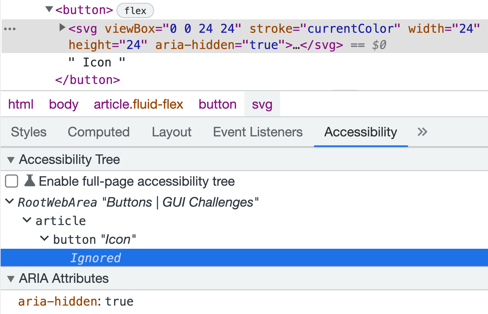 Chrome DevTools mostrando a árvore de acessibilidade do botão. A árvore ignora a imagem do botão porque tem aria-hidden definido como true.