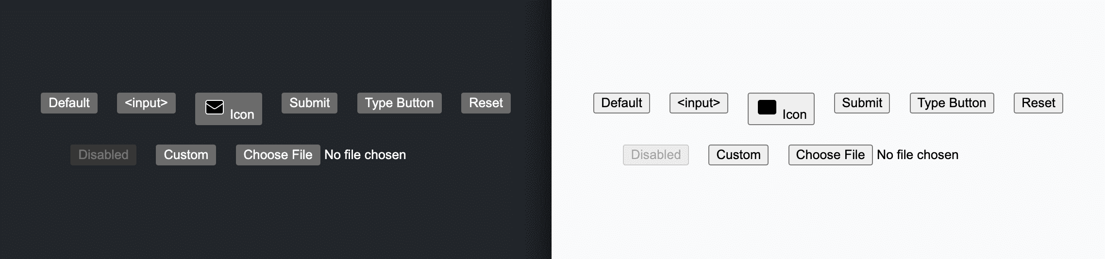 Default buttons show in light and dark theme side by side.