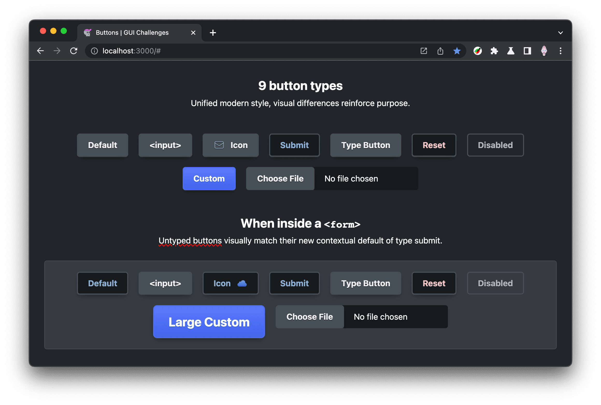 Preview of the final set of all button types in the dark theme.