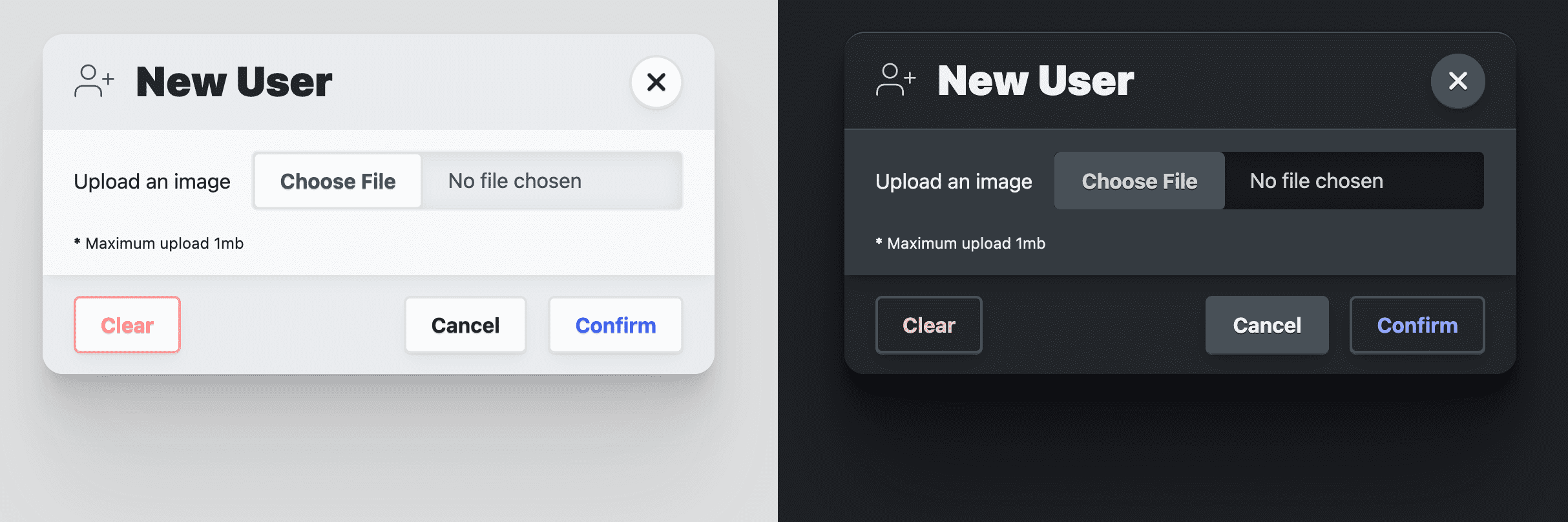 Caixa de diálogo grande mostrando o tema claro e escuro, demonstrando as cores da superfície.