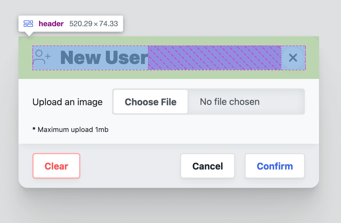 ダイアログ ヘッダーに flexbox レイアウト情報がオーバーレイ表示されている Chrome デベロッパー ツールのスクリーンショット。