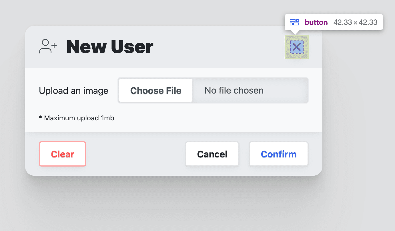 ヘッダーの閉じるボタンのサイズとパディングの情報がオーバーレイ表示されている Chrome Devtools のスクリーンショット。