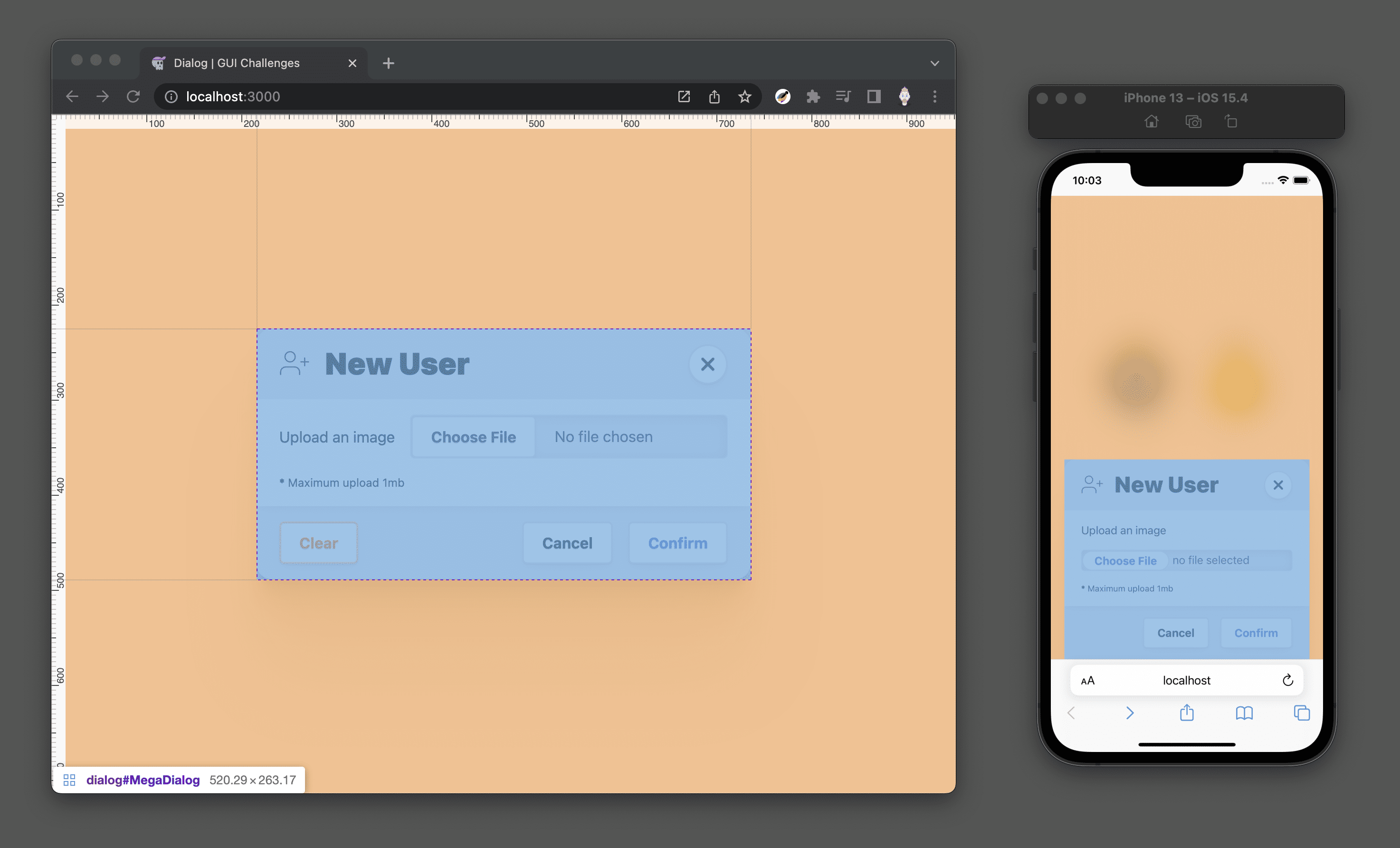 Captura de tela do DevTools sobrepondo o espaçamento de margem 
  na megacaixa de diálogo para computadores e dispositivos móveis quando aberta.