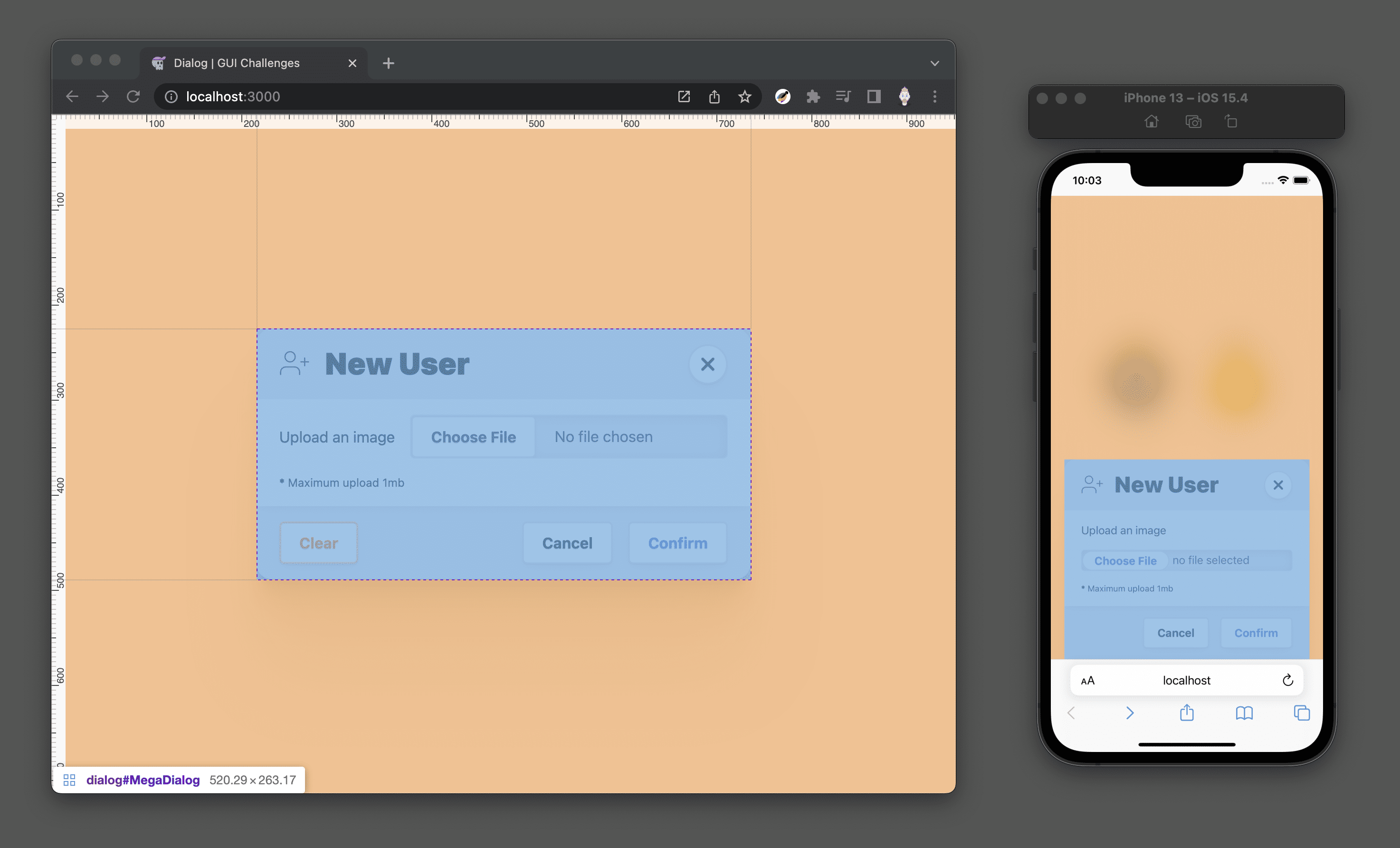 Screenshot di devtools che sovrappone la spaziatura dei margini 
  sia nella mega finestra di dialogo desktop che mobile mentre è aperta.