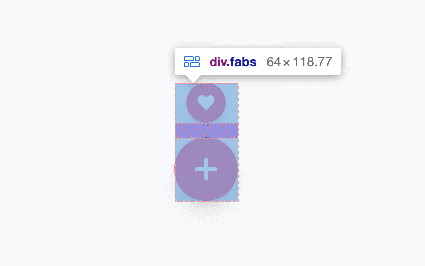 Dois botões fab são mostrados com o DevTools sobrepondo o layout de grade. Mostra a lacuna entre eles com um padrão listrado e também mostra a altura e a largura calculadas.