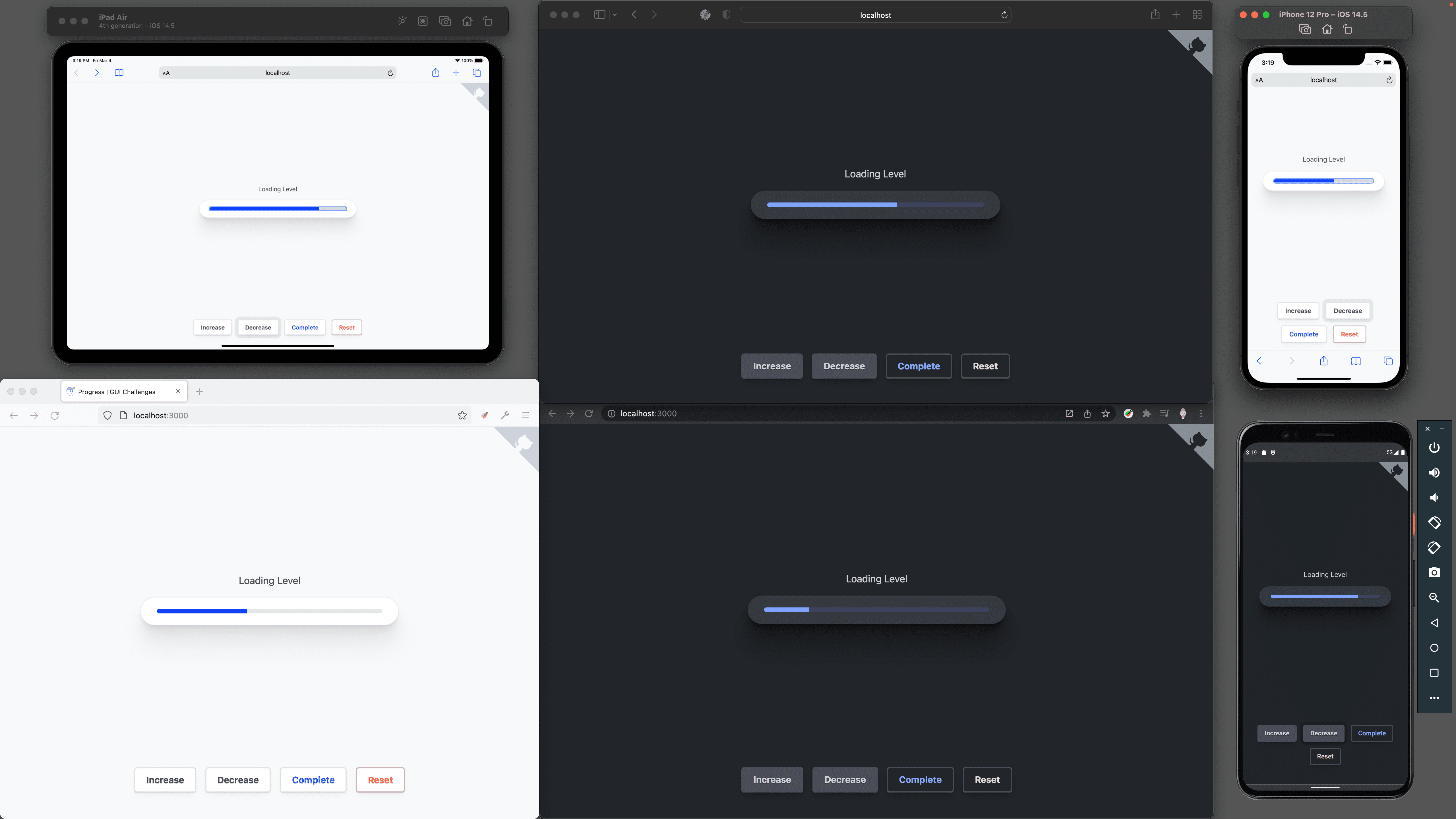 Ảnh chụp màn hình của Debugging Corner (Góc gỡ lỗi) cho thấy thanh tải đang hoạt động trên Safari, iOS Safari, Firefox, Chrome và Chrome trên Android.