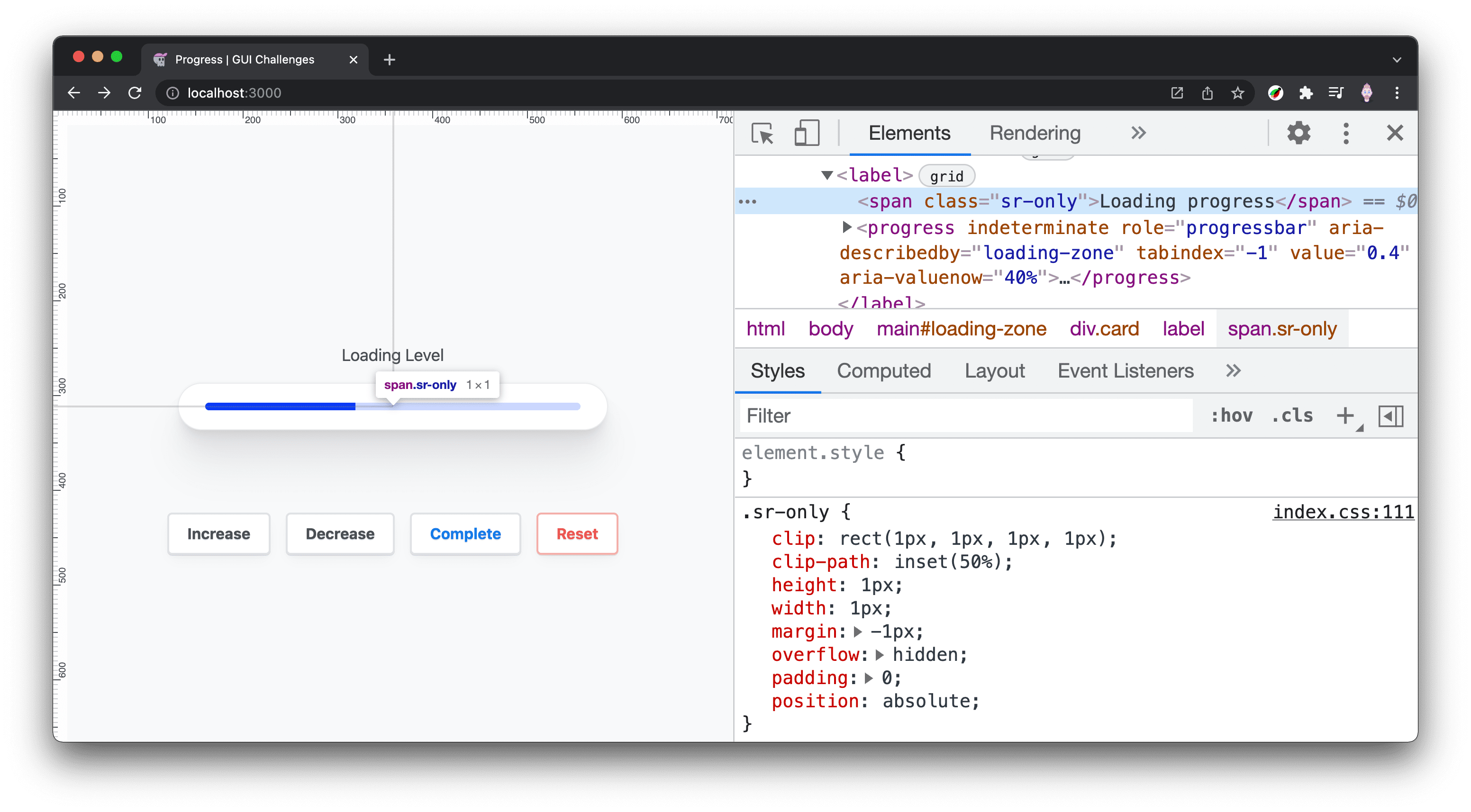 Screenshot of the devtools revealing the screen ready only element.