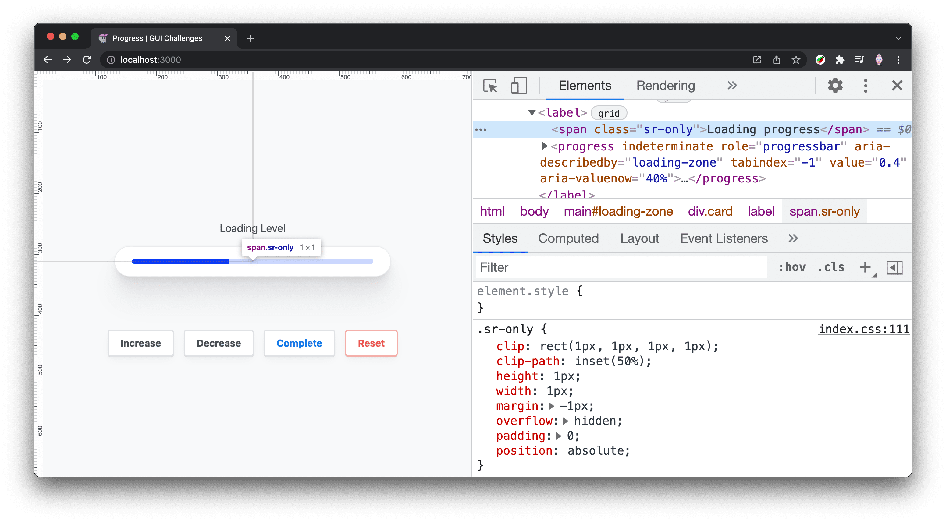 Captura de tela do DevTools revelando o elemento somente pronto para a tela.