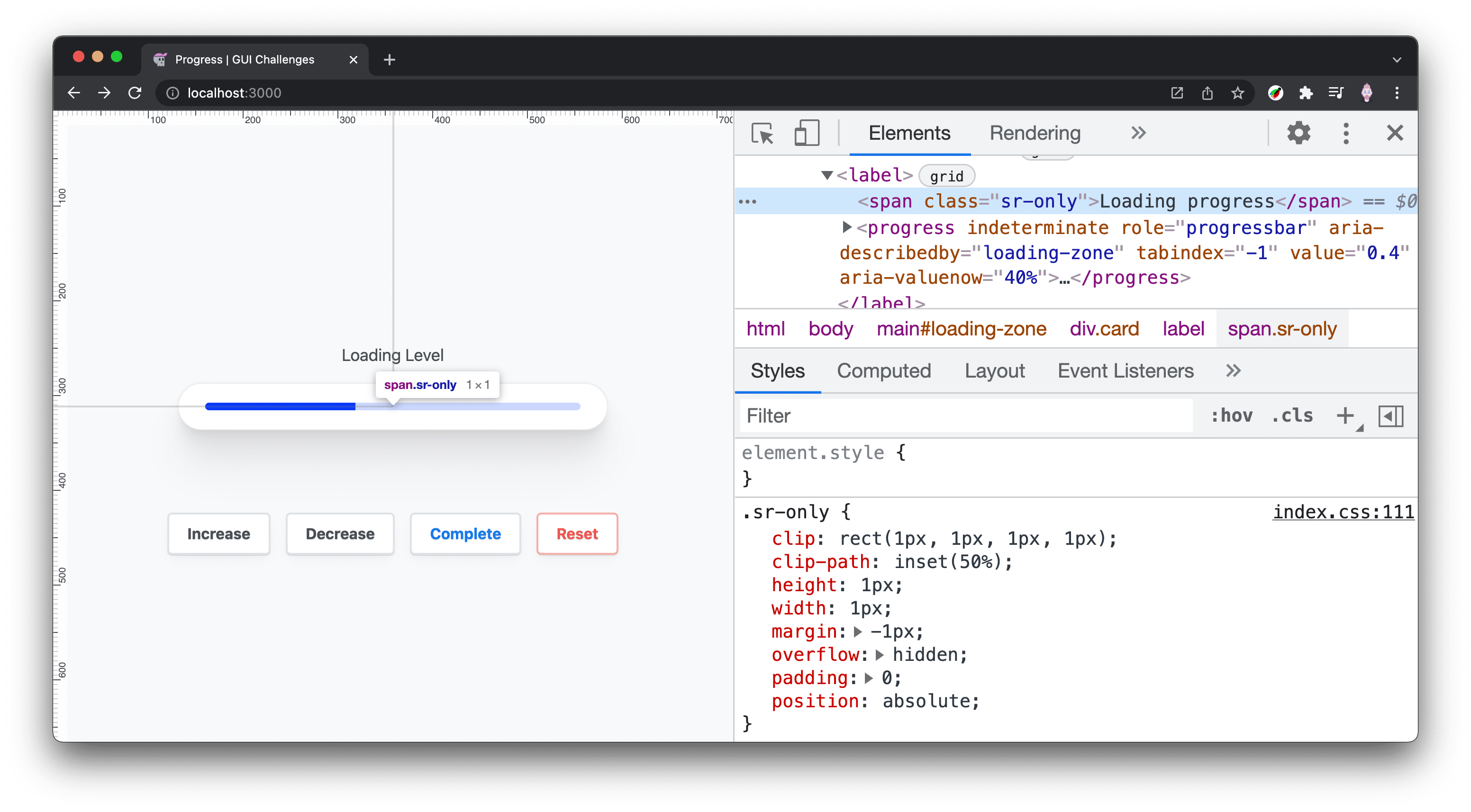 Screenshot der DevTools, in dem das Element „Nur für den Bildschirm bereit“ zu sehen ist
