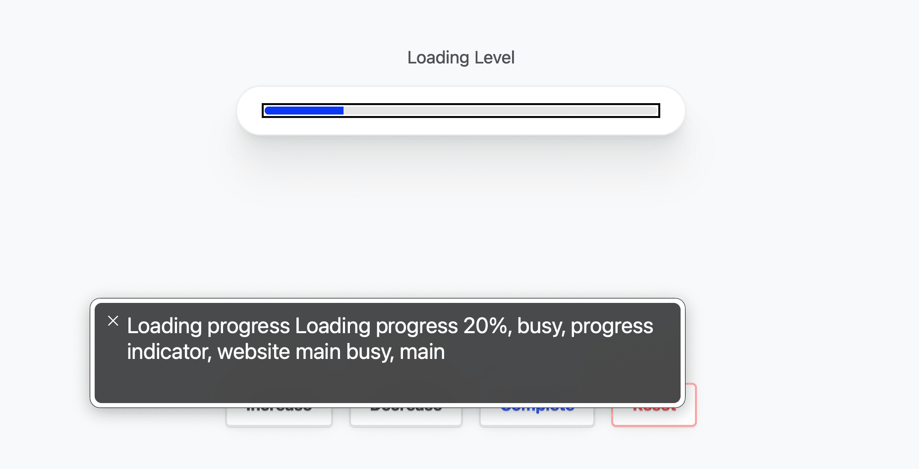 Screenshot of the Mac OS Voice Over app 
  reading the progress of the loading bar to the user.
