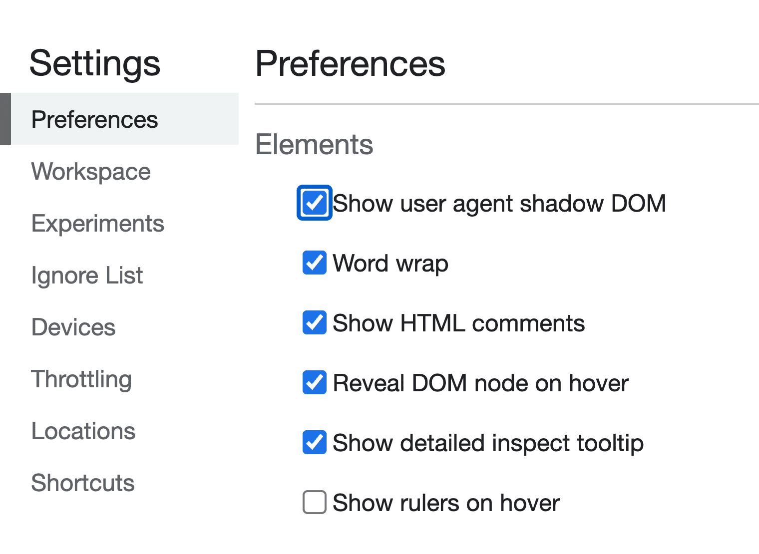 Captura de pantalla de dónde se debe habilitar la exposición del DOM en sombra del usuario-agente en DevTools.