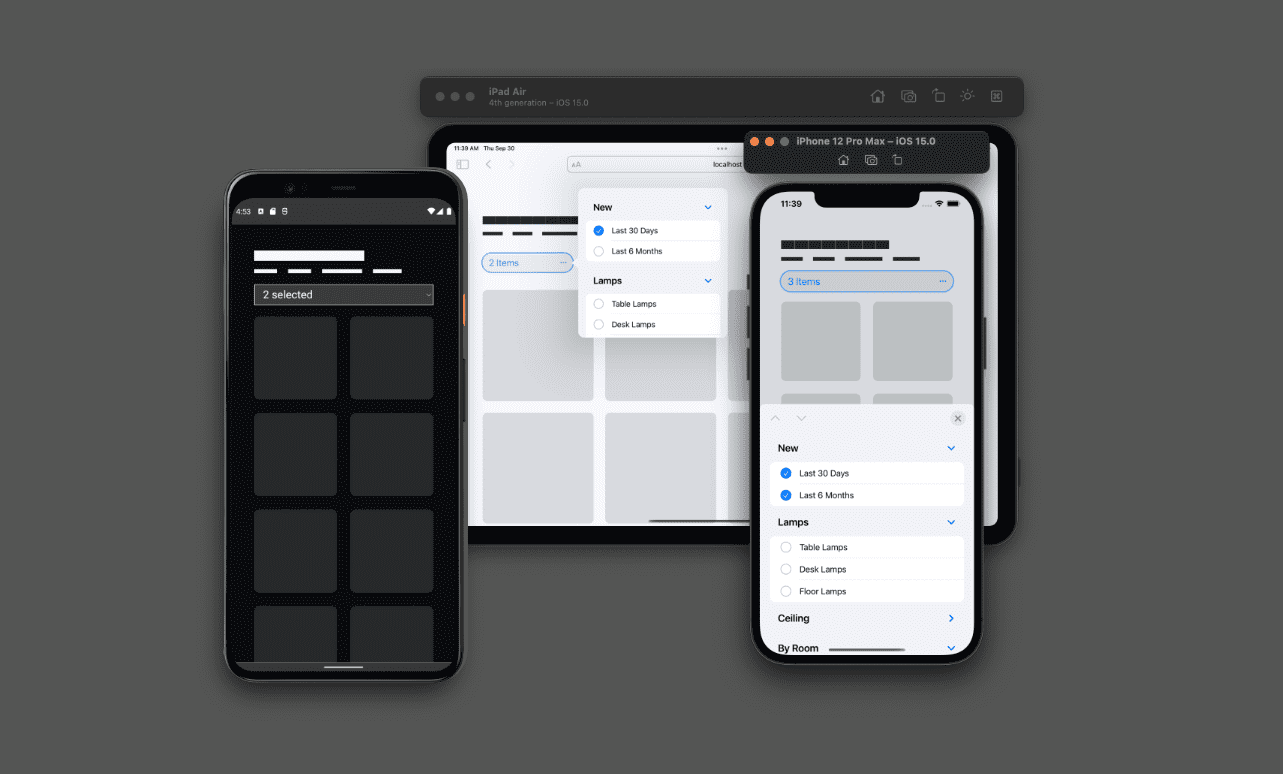 在 Android、iPhone 和 iPad 上的 Chrome 中，多选元素的屏幕截图预览。在 iPad 和 iPhone 上，多选选项切换开关处于打开状态，并且每款产品都会针对屏幕尺寸进行优化，提供独特的体验。