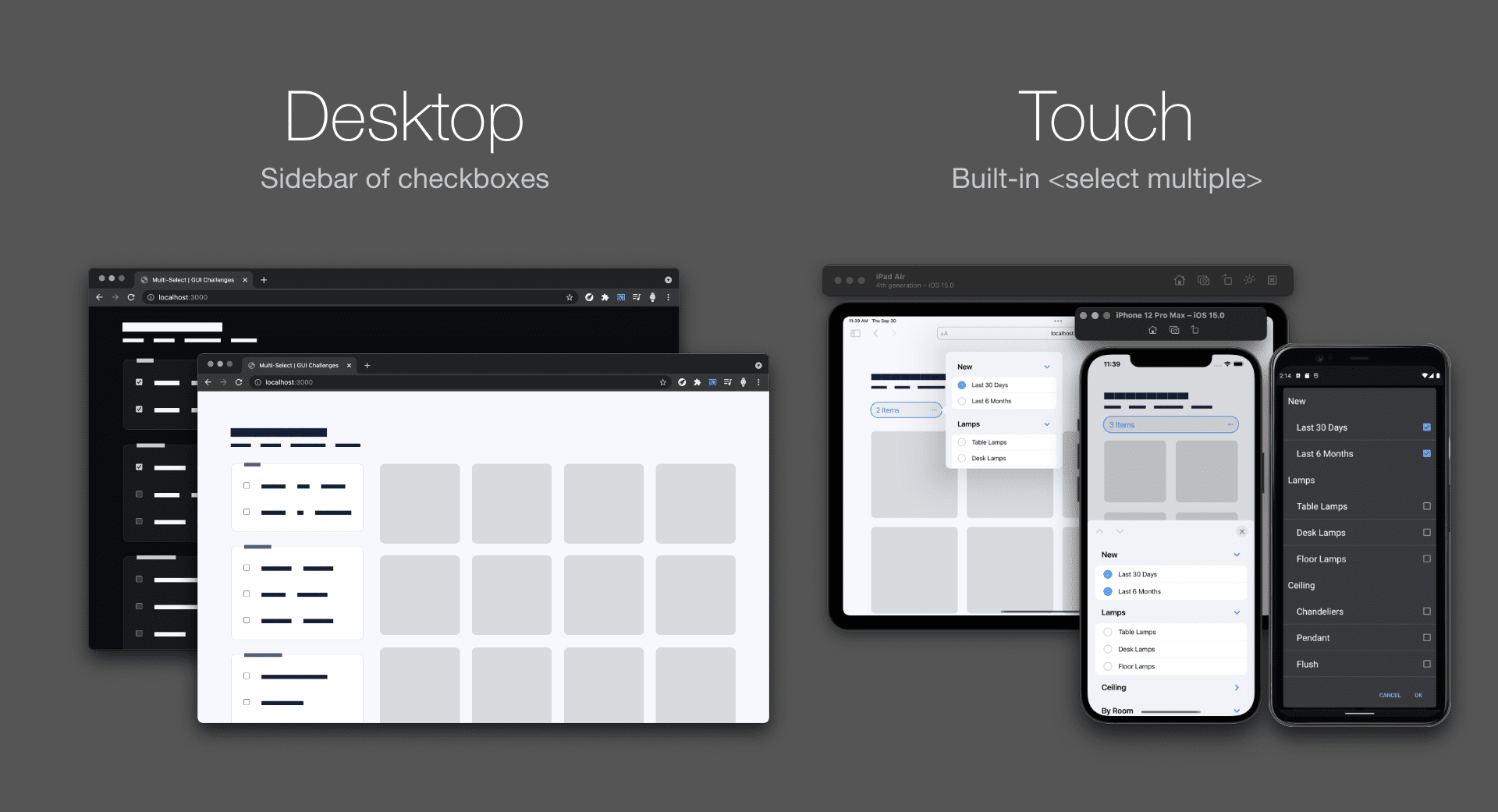 Captura de pantalla de comparación que muestra la versión para computadoras de escritorio en modo claro y oscuro con una barra lateral de casillas de verificación en comparación con la versión para dispositivos móviles de iOS y Android con un elemento de selección múltiple.