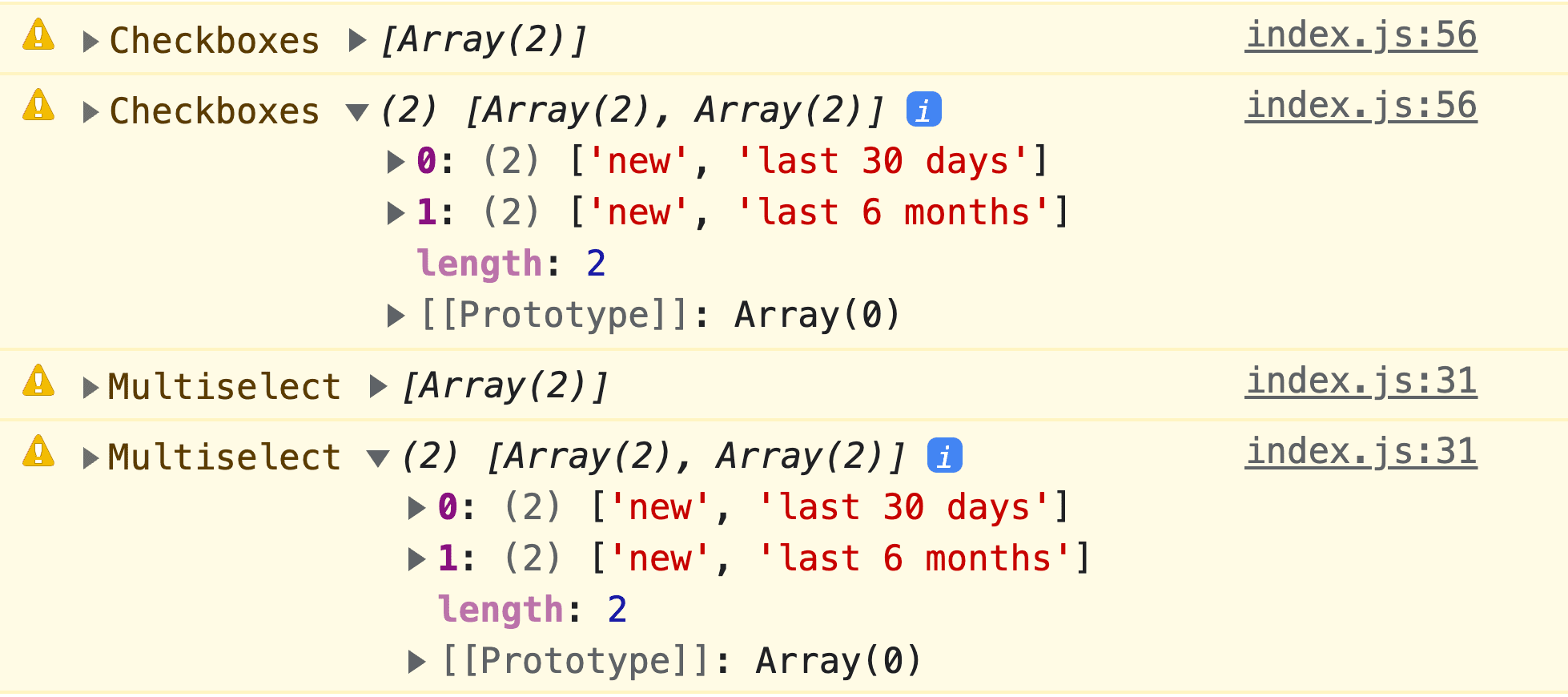 Captura de pantalla de la consola de JavaScript de DevTools, que muestra el objetivo y los resultados de los datos normalizados.