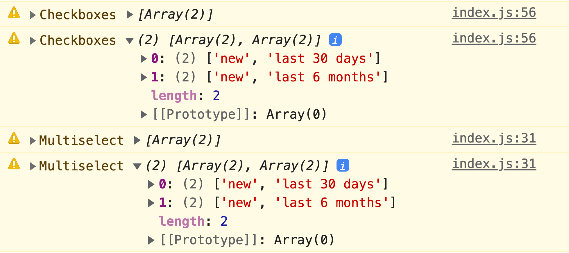 Screenshot della console JavaScript DevTools che mostra l&#39;obiettivo e i risultati normalizzati dei dati.