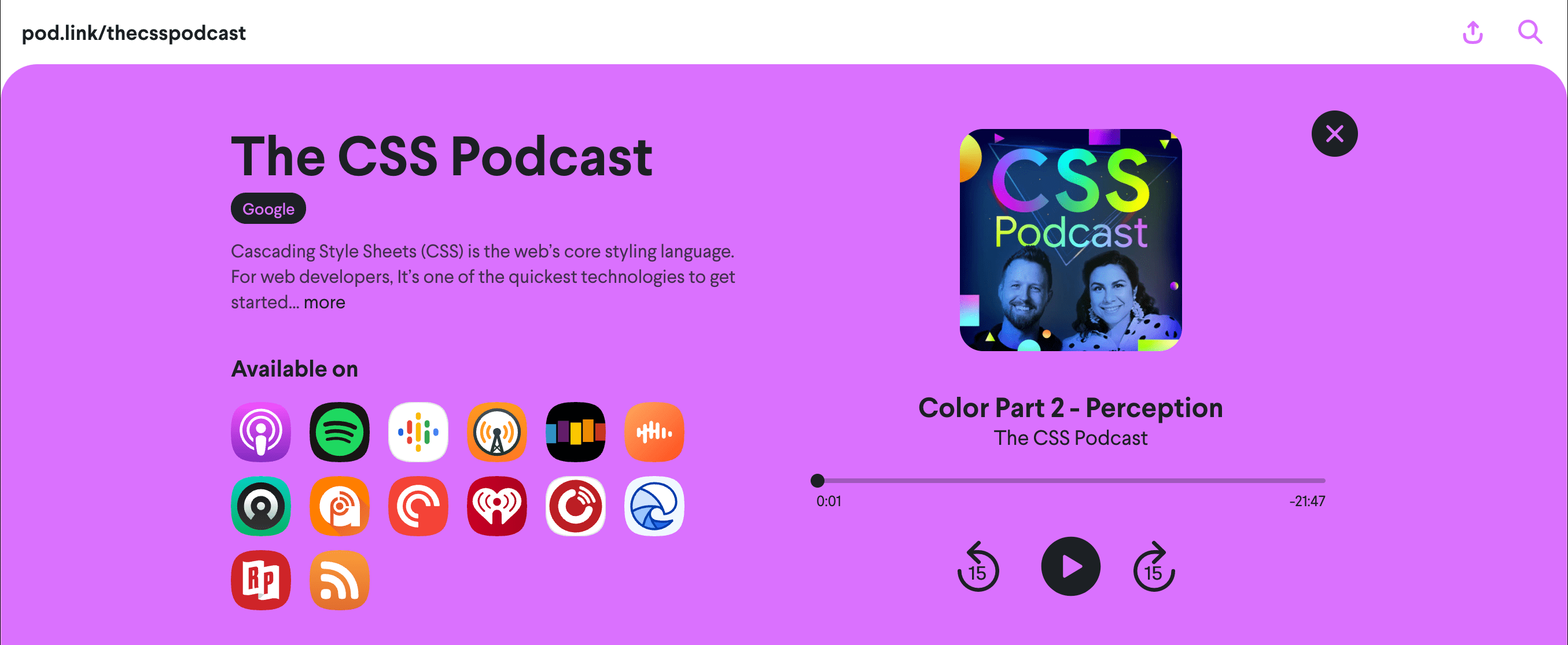A screenshot of pod.link/csspodcast webpage, with Color 2: Perception episode pulled up
