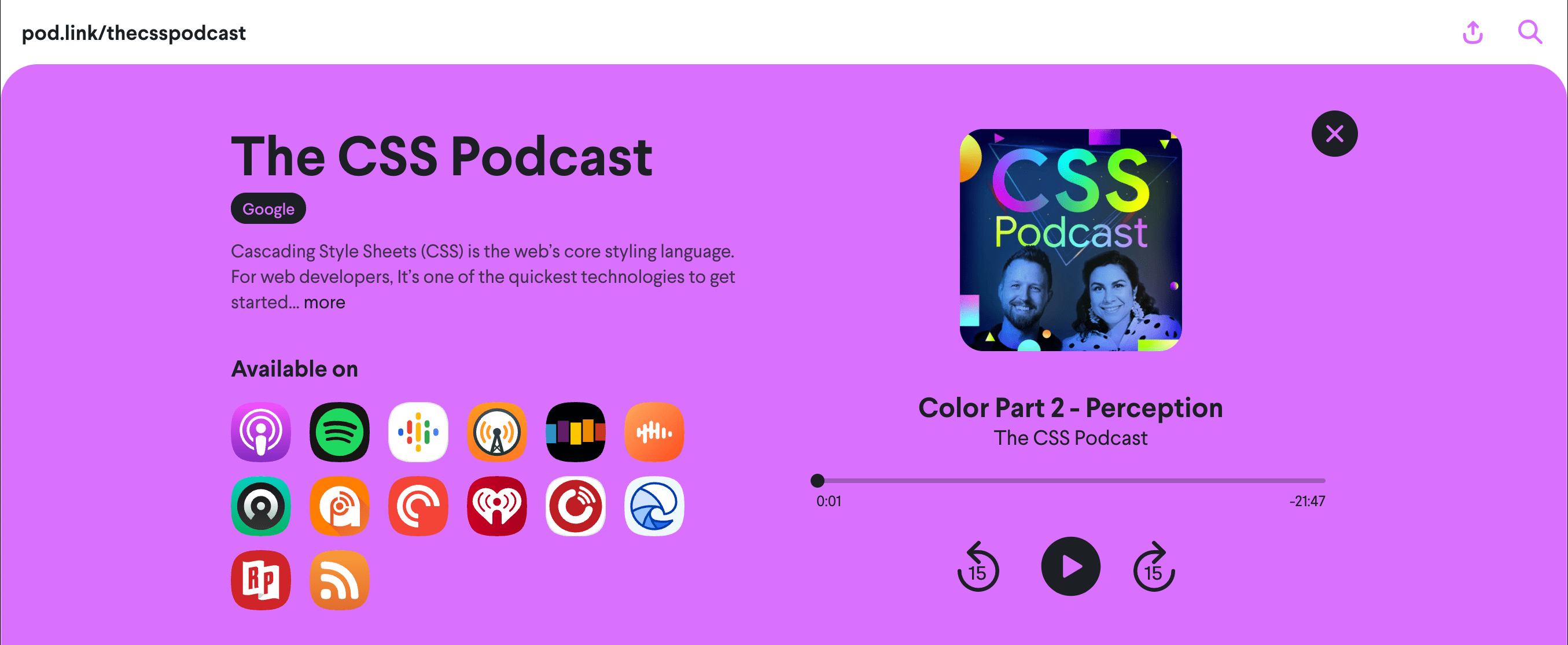 Uma captura de tela da página da Web pod.link/csspodcast, com o episódio &quot;Color 2: Perception&quot; na tela.