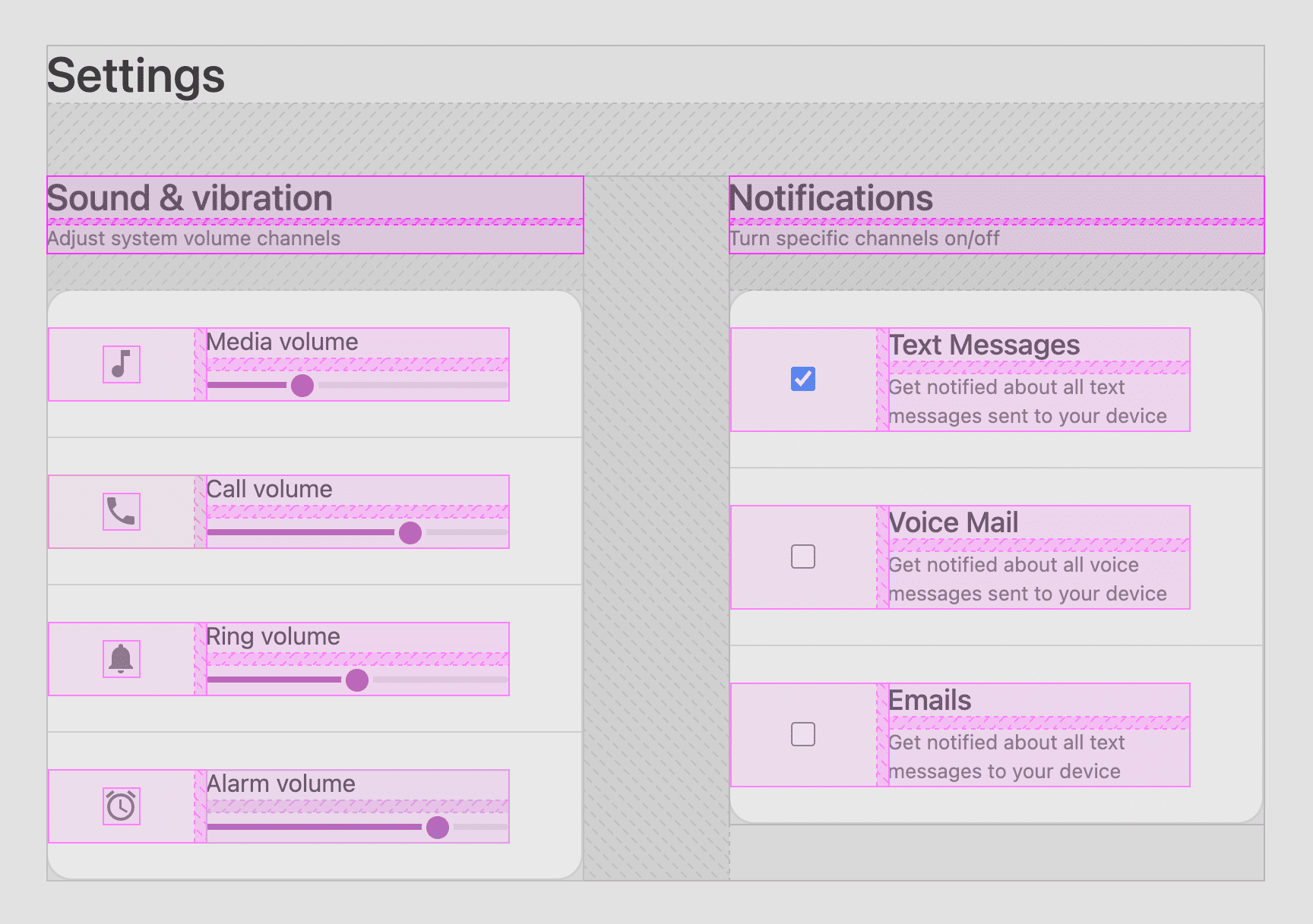 Colorful outlines and gap spacing overlays that help show all the boxes that make up the settings layout