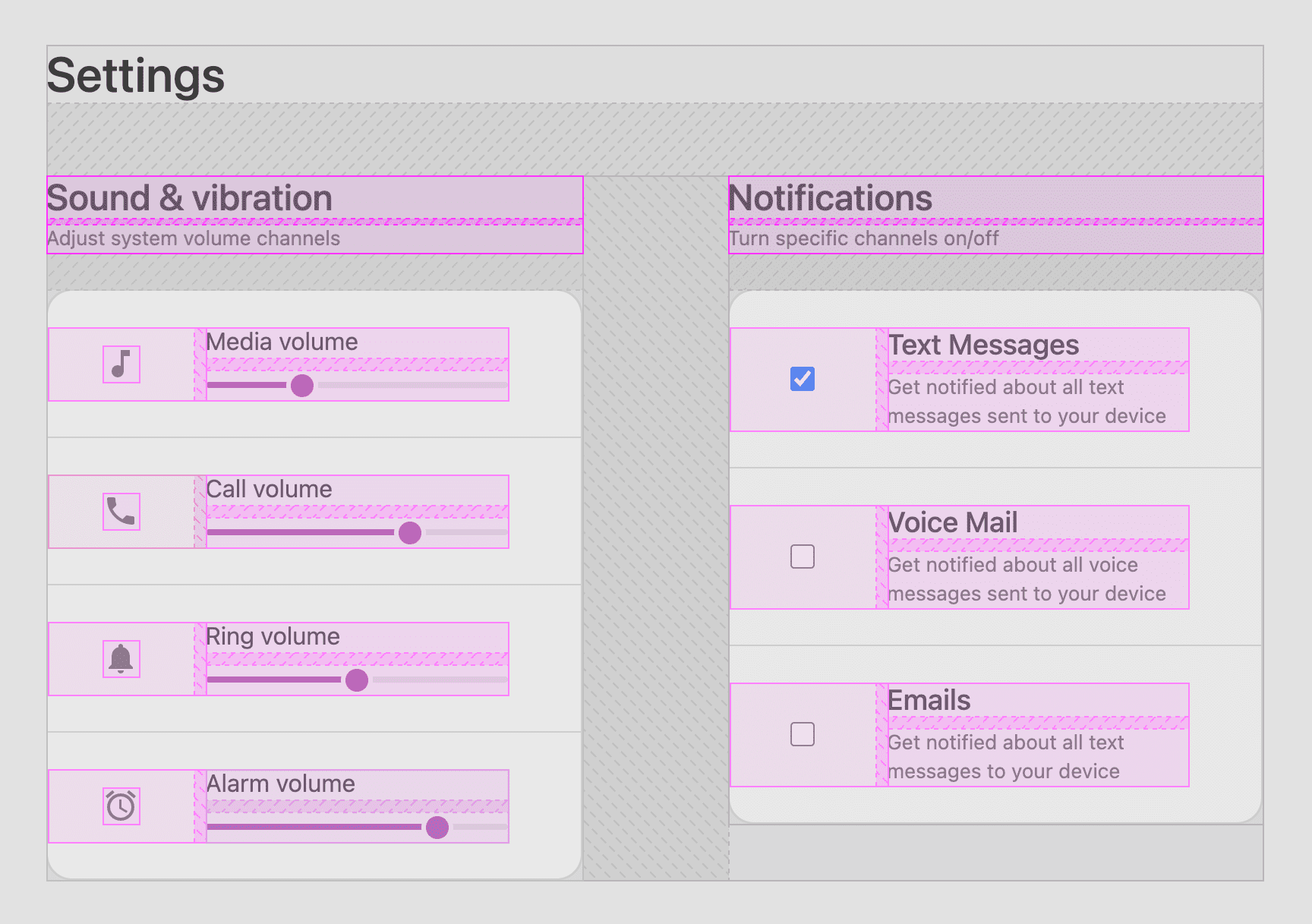 Contorni colorati e overlay spaziatura negli spazi che aiutano a mostrare tutte le caselle che compongono il layout delle impostazioni