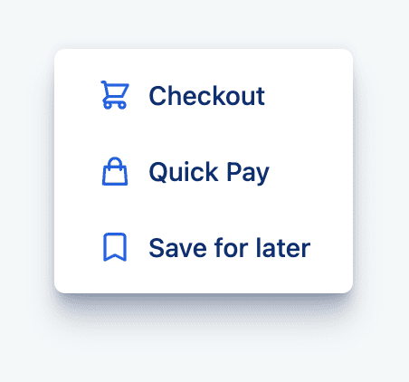 Links e ícones para finalizar compras, usar o Quick Pay e salvar mais tarde.