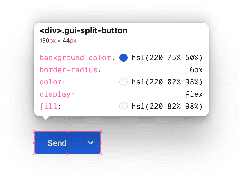 gui-split-button क्लास की जांच की गई और इस क्लास में इस्तेमाल की गई सीएसएस प्रॉपर्टी दिखाई गईं.